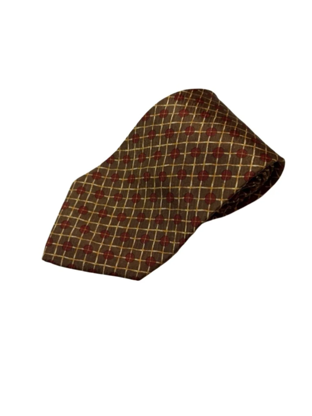 Calvin Klein Silk Tie Brown Gold Geometric Grid Medallion Pattern USA Designer